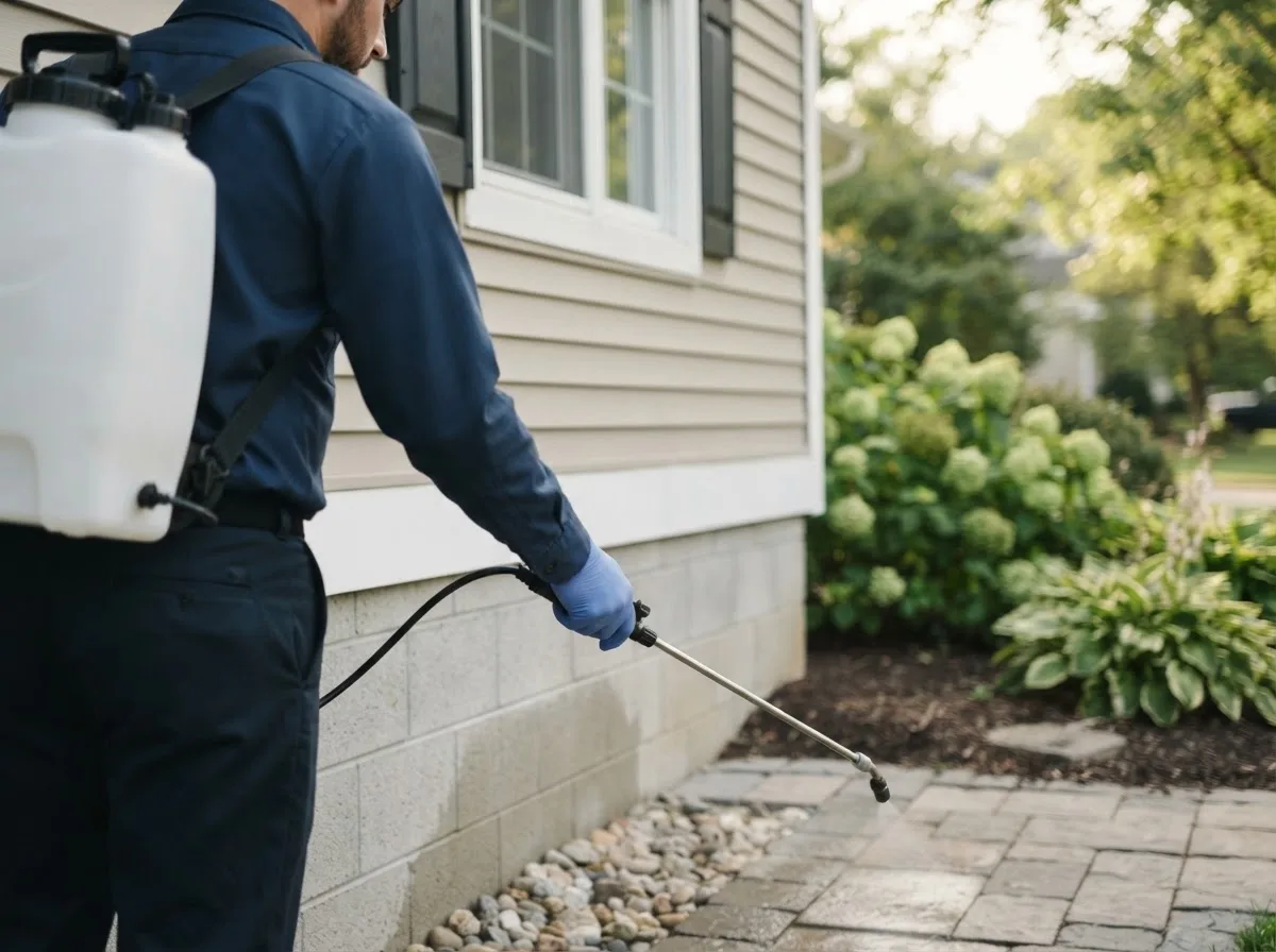 Pest control technician inspecting a home in Glenwood, NY